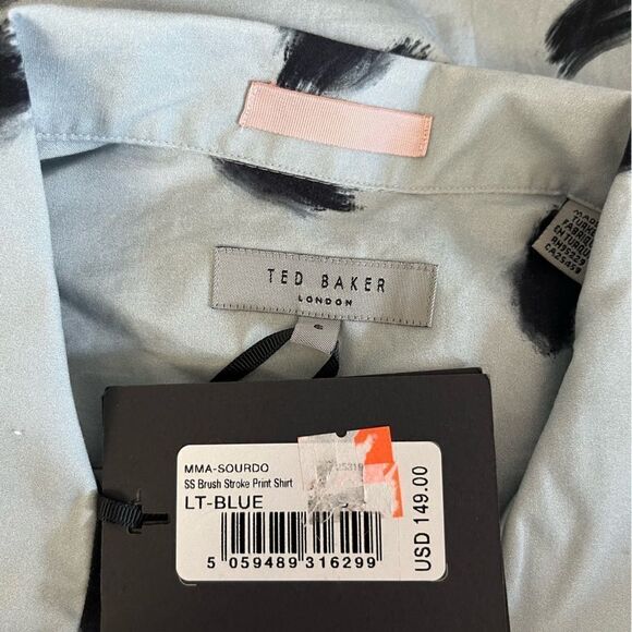 Ted Baker Sourdo Mens Brush Stroke Print Button Down Top Light Blue Size 6 NWT - Picture 5 of 12
